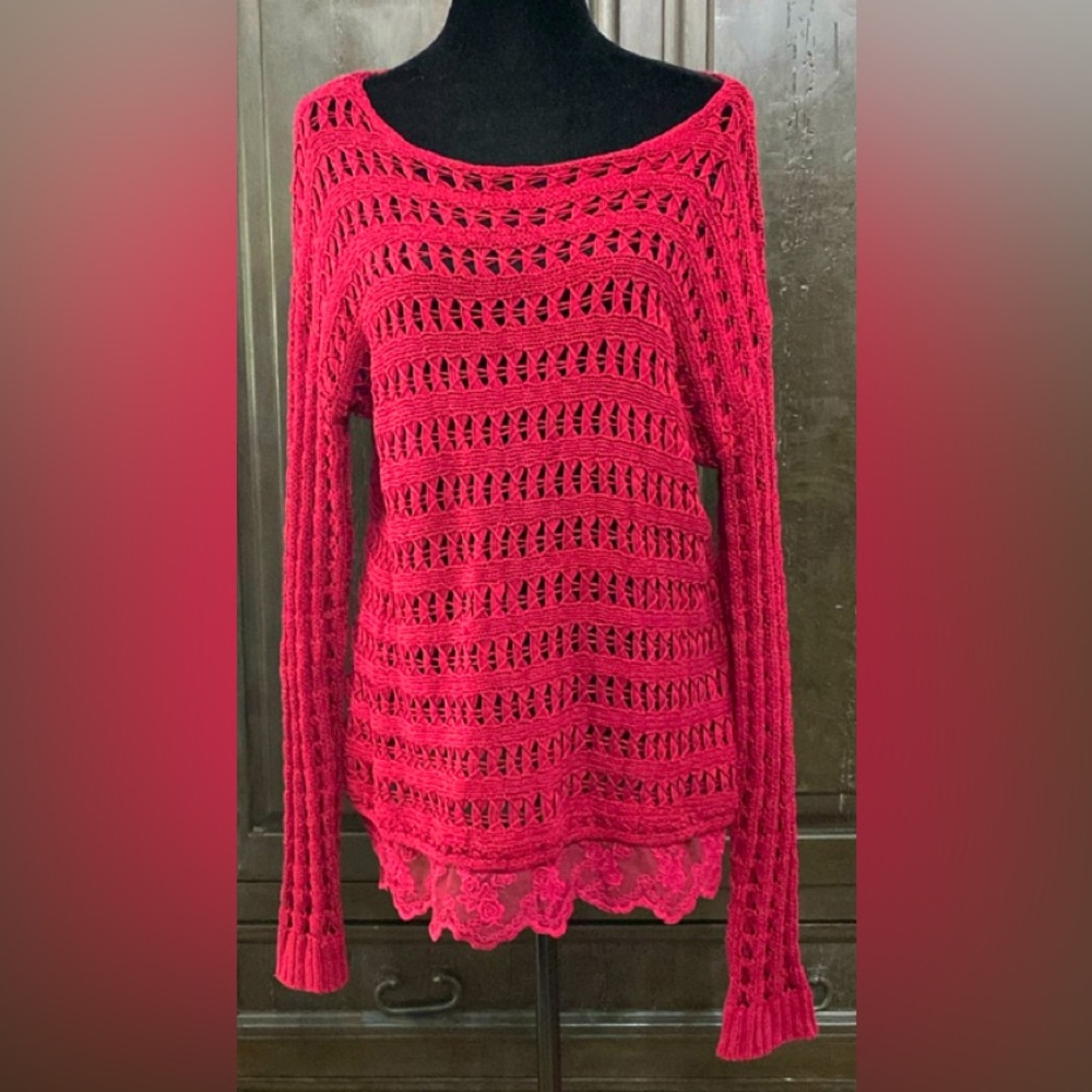 Cato Burgundy /Red crochet long sleeve sweater w/lace - Size Large